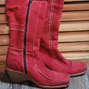 Nine West Women's 6 Red Suede Leather Whip Stitched Lined Wedge Shearling Boots